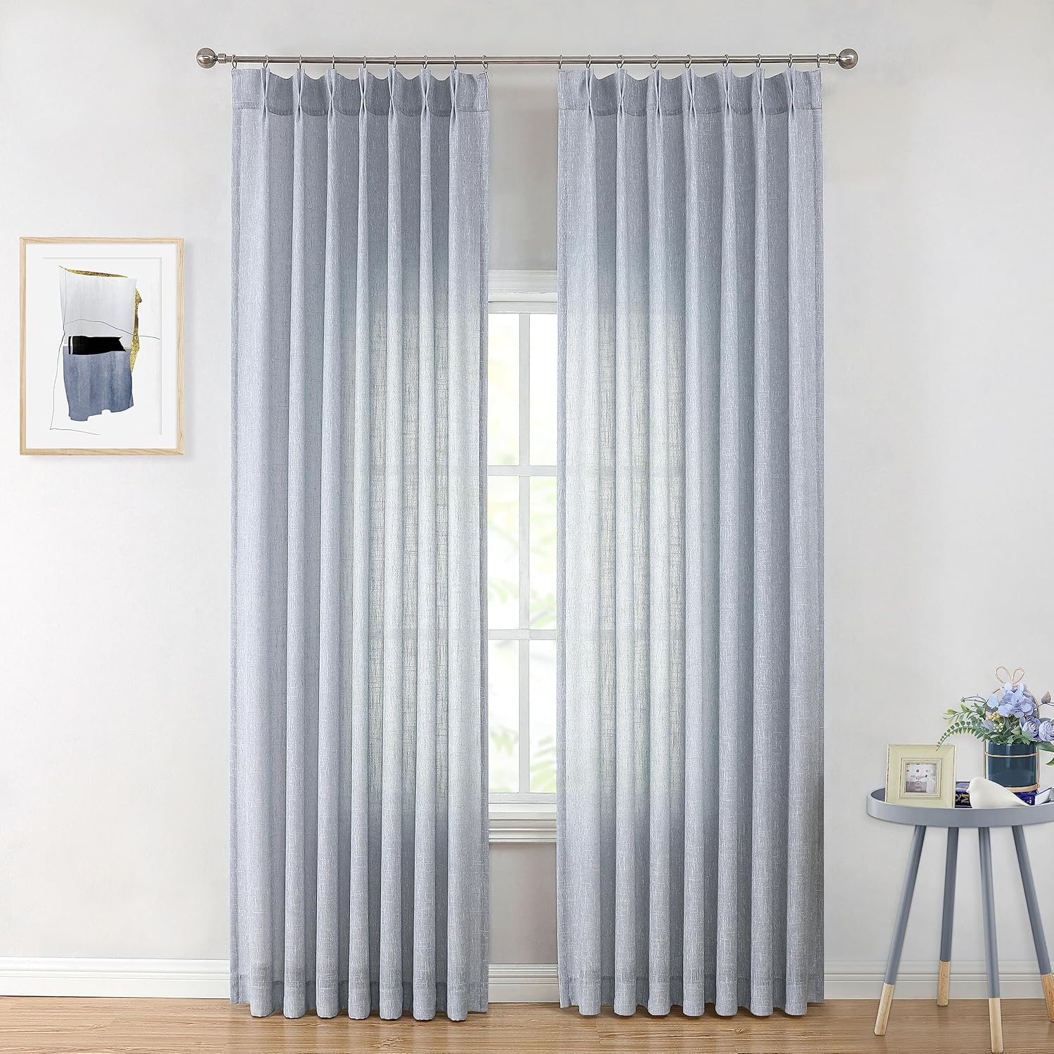 Vision Home Natural Pinch Pleated Semi Sheer Curtains Textured Linen Blended Light Filtering Window Curtains 90 inch for Living Room Bedroom Pinch Pleat Drapes with Hooks 2 Panels 42" Wx90 L