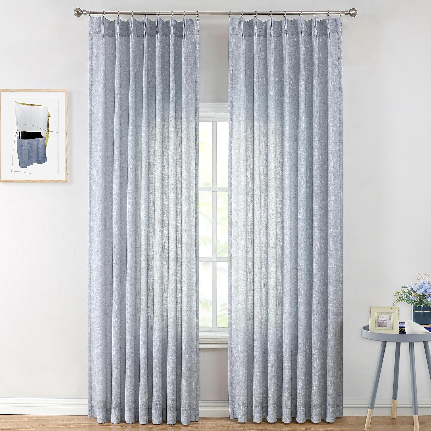 Vision Home Natural Pinch Pleated Semi Sheer Curtains Textured Linen Blended Light Filtering Window Curtains 90 inch for Living Room Bedroom Pinch Pleat Drapes with Hooks 2 Panels 42" Wx90 L