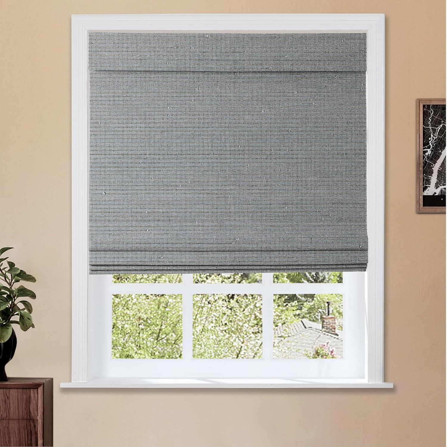 TWOPAGES Natural Cordless Ramie Roman Shade No Drill Customized Roman Blind Light Filtering Blackout Roman Window Shade for Windows, Beige, 1 Piece