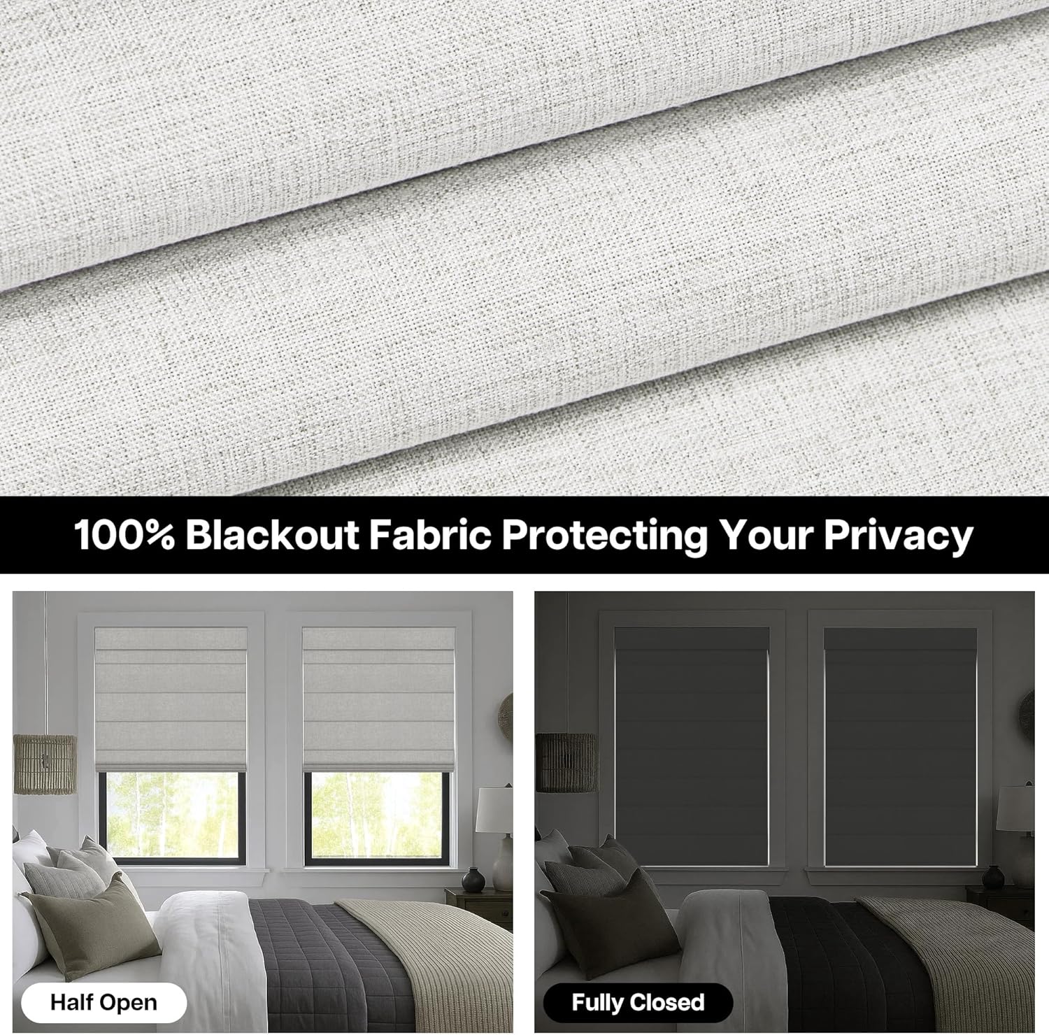 LazBlinds No Drill Roman Shades for Windows, Cordless Blackout Window Shades with UV Protection, Polyester Fabric for Bedroom & Living Room, 35" W x 64" H, Natural