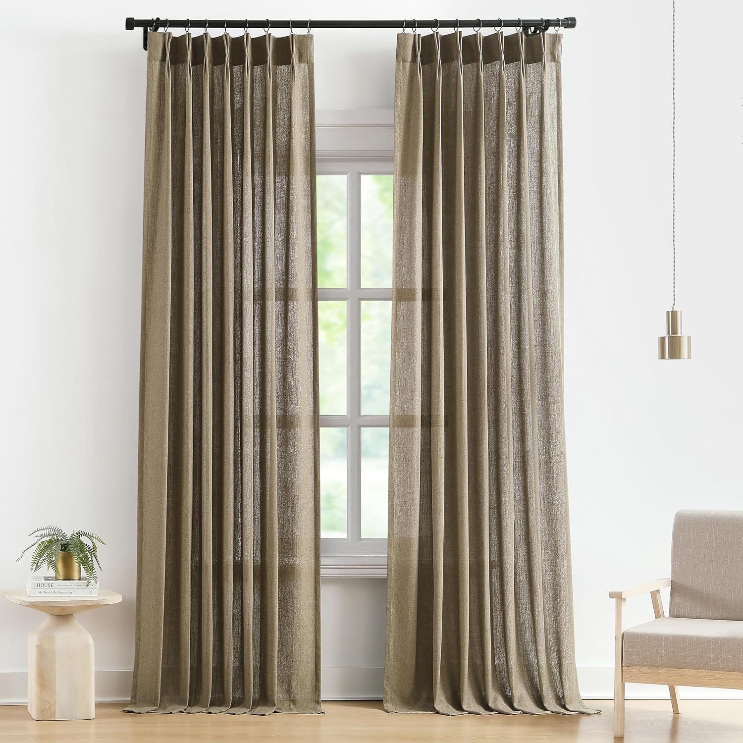 Vision Home Natural Pinch Pleated Semi Sheer Curtains Textured Linen Blended Light Filtering Window Curtains 90 inch for Living Room Bedroom Pinch Pleat Drapes with Hooks 2 Panels 42" Wx90 L