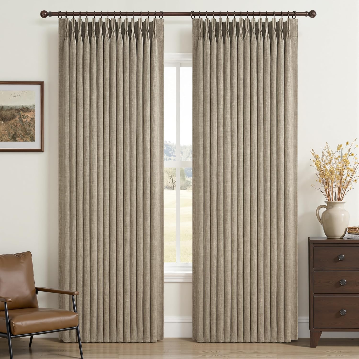 Beige White Blackout Floor to Ceiling Curtains 100 Inch Long for Sliding Door, Memory Trained Pinch Pleated Custom Double Layer Thick Linen Curtain Noise Reducing Light Blocking Bedroom Window Drapes