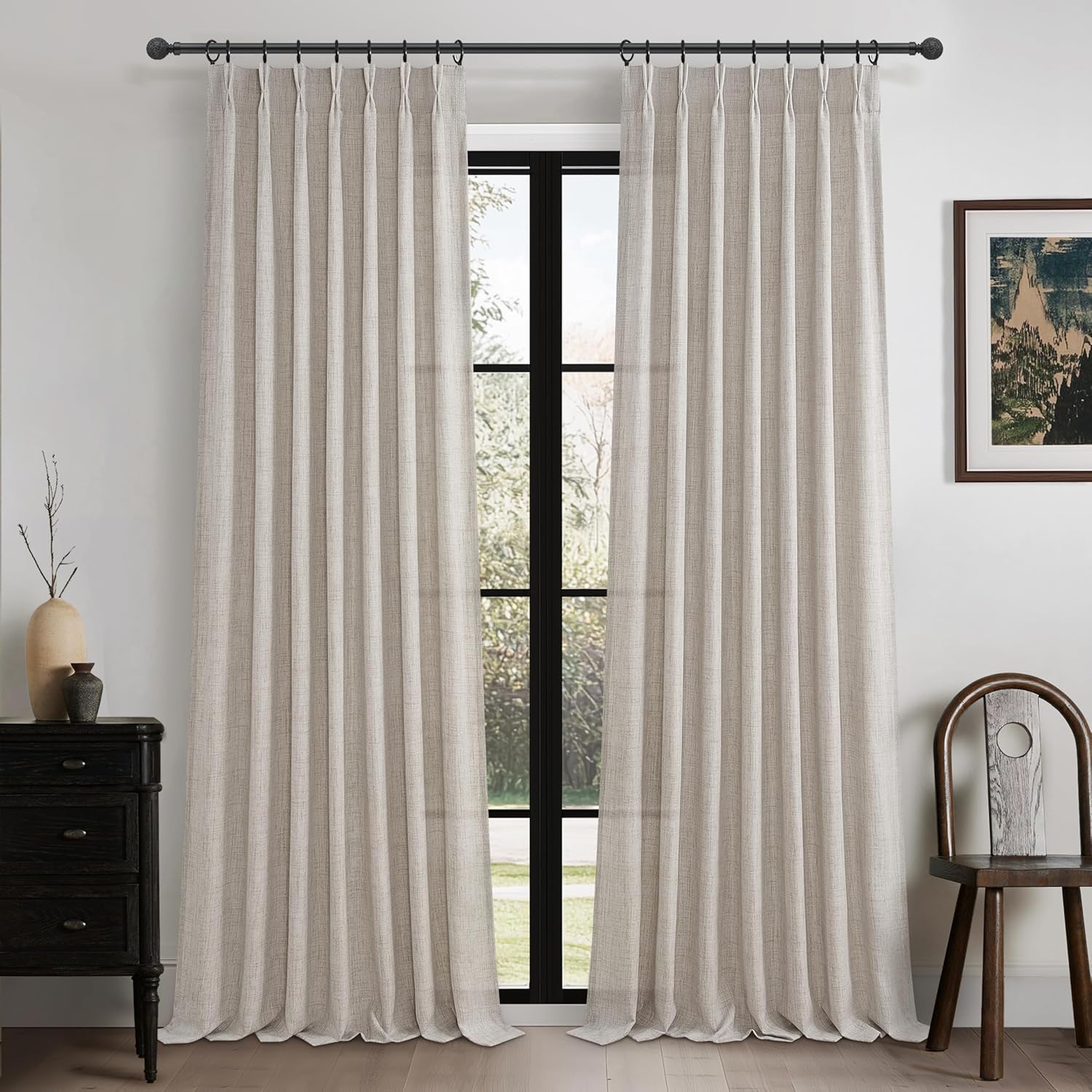 Pinch Pleated Linen Curtains 96 Inches Long for Living Room Bedroom, Light Filtering Boho Window Drape 96 inch 2 Panels Burgs with Hooks&Rings 8ft Cream Birch Sliding Glass Door Sheer Curtain Decor