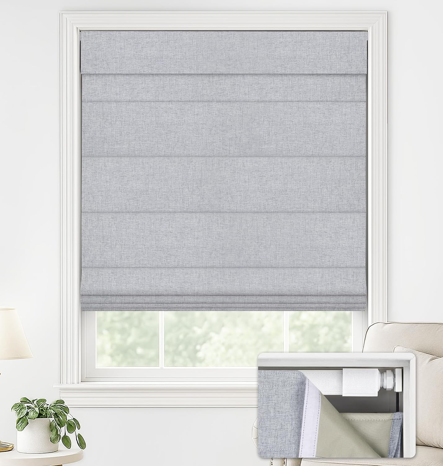 LazBlinds No Drill Roman Shades for Windows, Cordless Blackout Window Shades with UV Protection, Polyester Fabric for Bedroom & Living Room, 35" W x 64" H, Natural