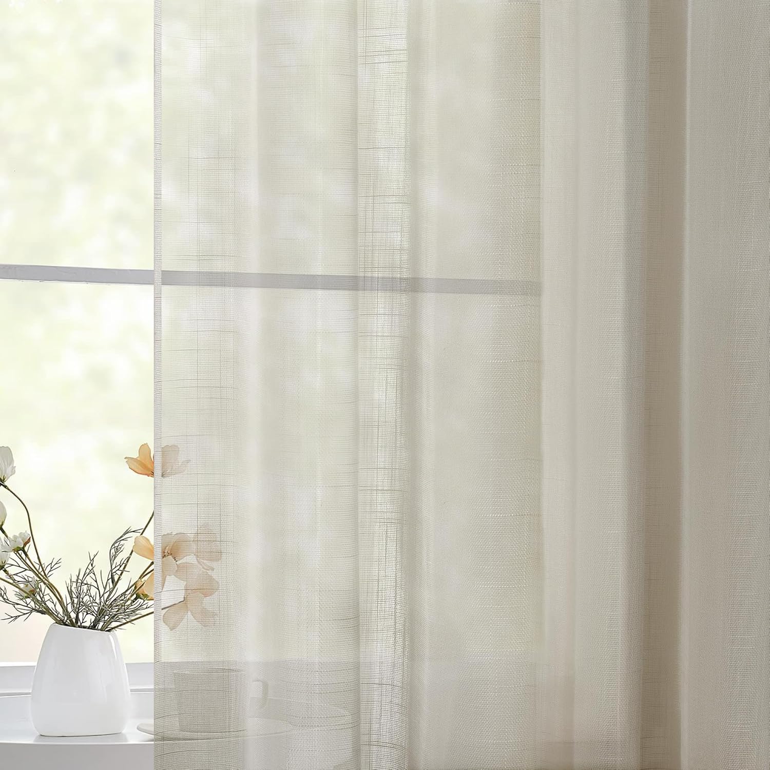 TWOPAGES Light Brown Pinch Pleated Sheer Curtains 90 Inches Long Linen Textured Drapes for Living Room Bedroom Faux Linen Curtains with Hooks, Set of 2, 52" W x 90" L