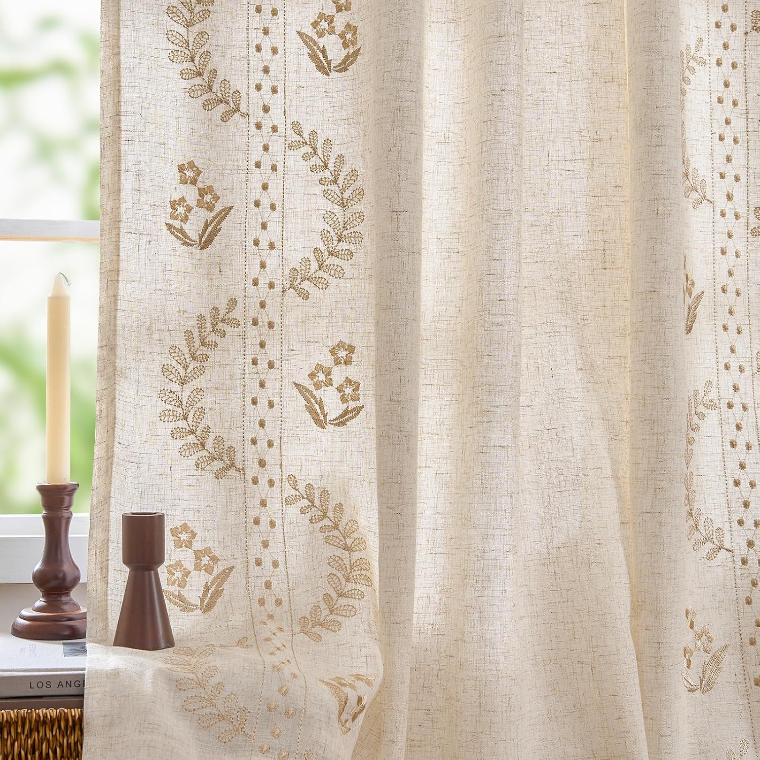 jinchan Belrose Linen Sheer Curtains for Living Room 84 Inch Length Sheer Voile Embroidered Floral Curtains for Bedroom Light Filtering Rod Pocket Window Treatments Farmhouse Decor 2 Panels Beige