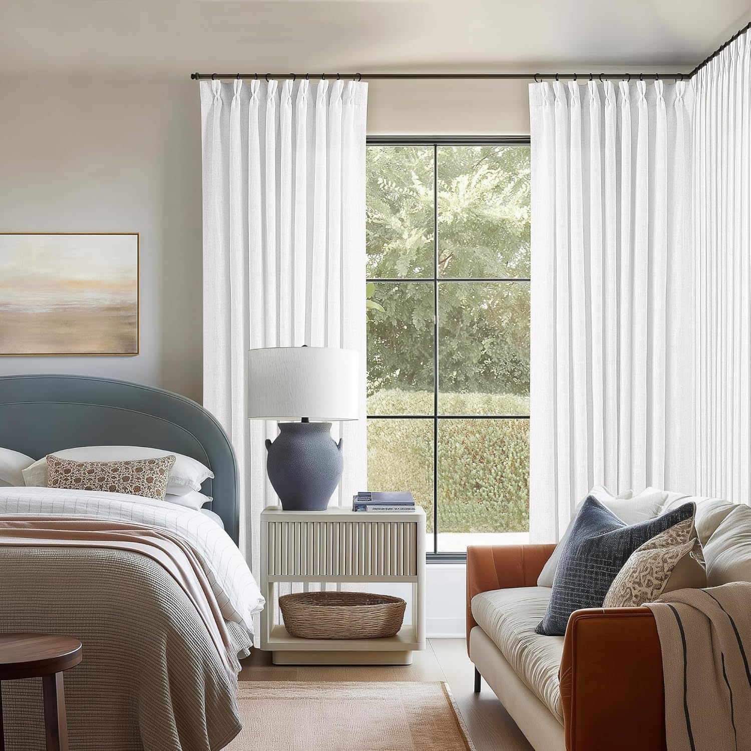 Natural Pinch Pleated Linen Curtains 84 Inch Length 2 Panels for Living Room Bedroom Textured Cream Ivory Birch Semi Sheer Boho Neutral Back Tab Pinch Pleat Hooks Rings Window Curtain 84 Inches Long