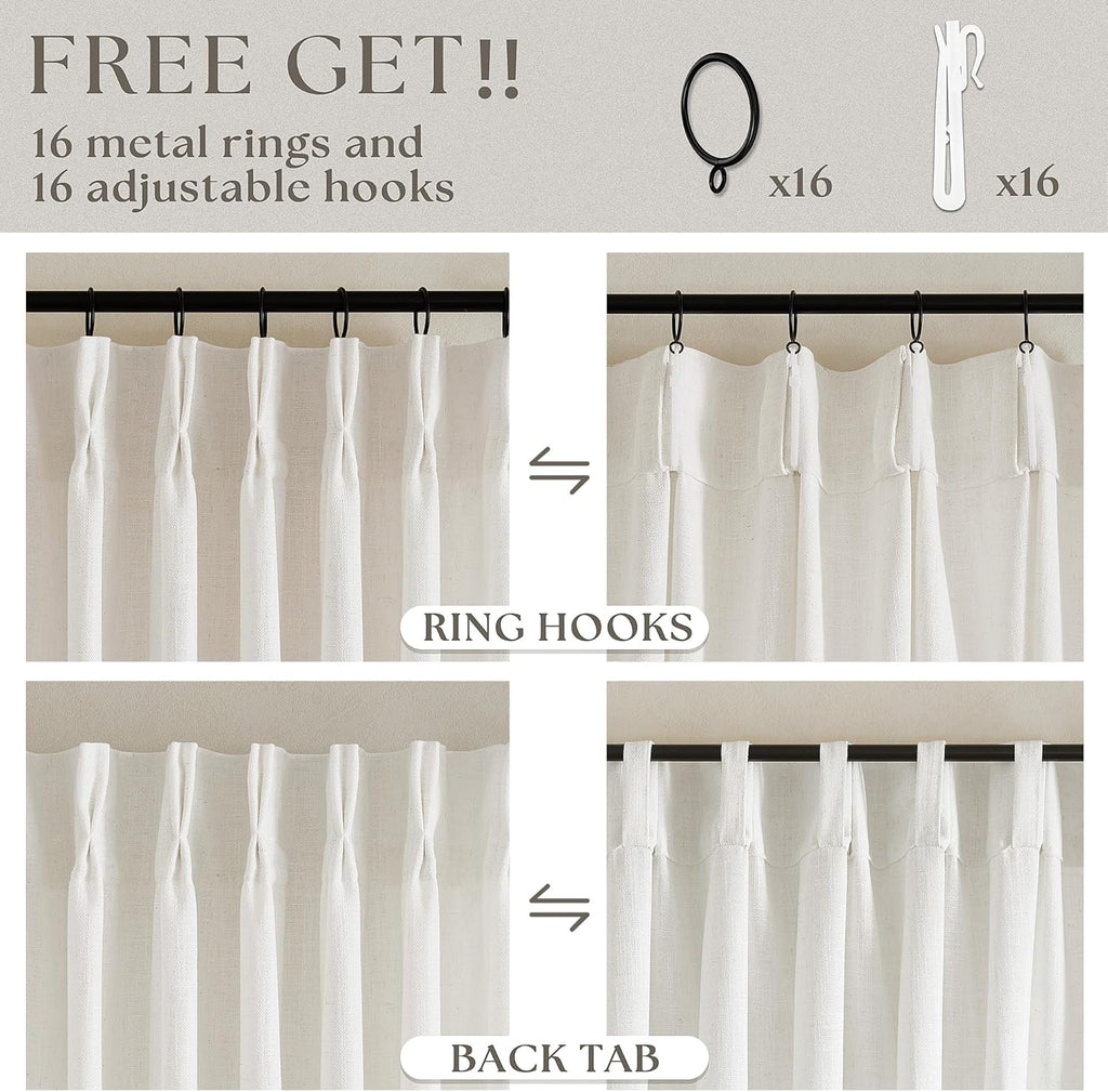 Natural Pinch Pleated Linen Curtains 84 Inch Length 2 Panels for Living Room Bedroom Textured Cream Ivory Birch Semi Sheer Boho Neutral Back Tab Pinch Pleat Hooks Rings Window Curtain 84 Inches Long