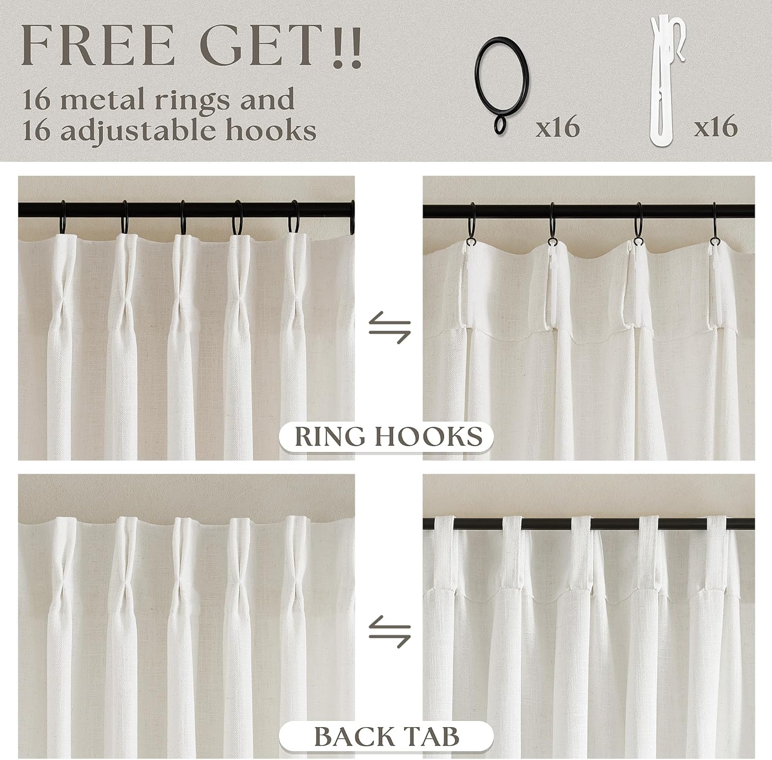 Natural Pinch Pleated Linen Curtains 84 Inch Length 2 Panels for Living Room Bedroom Textured Cream Ivory Birch Semi Sheer Boho Neutral Back Tab Pinch Pleat Hooks Rings Window Curtain 84 Inches Long