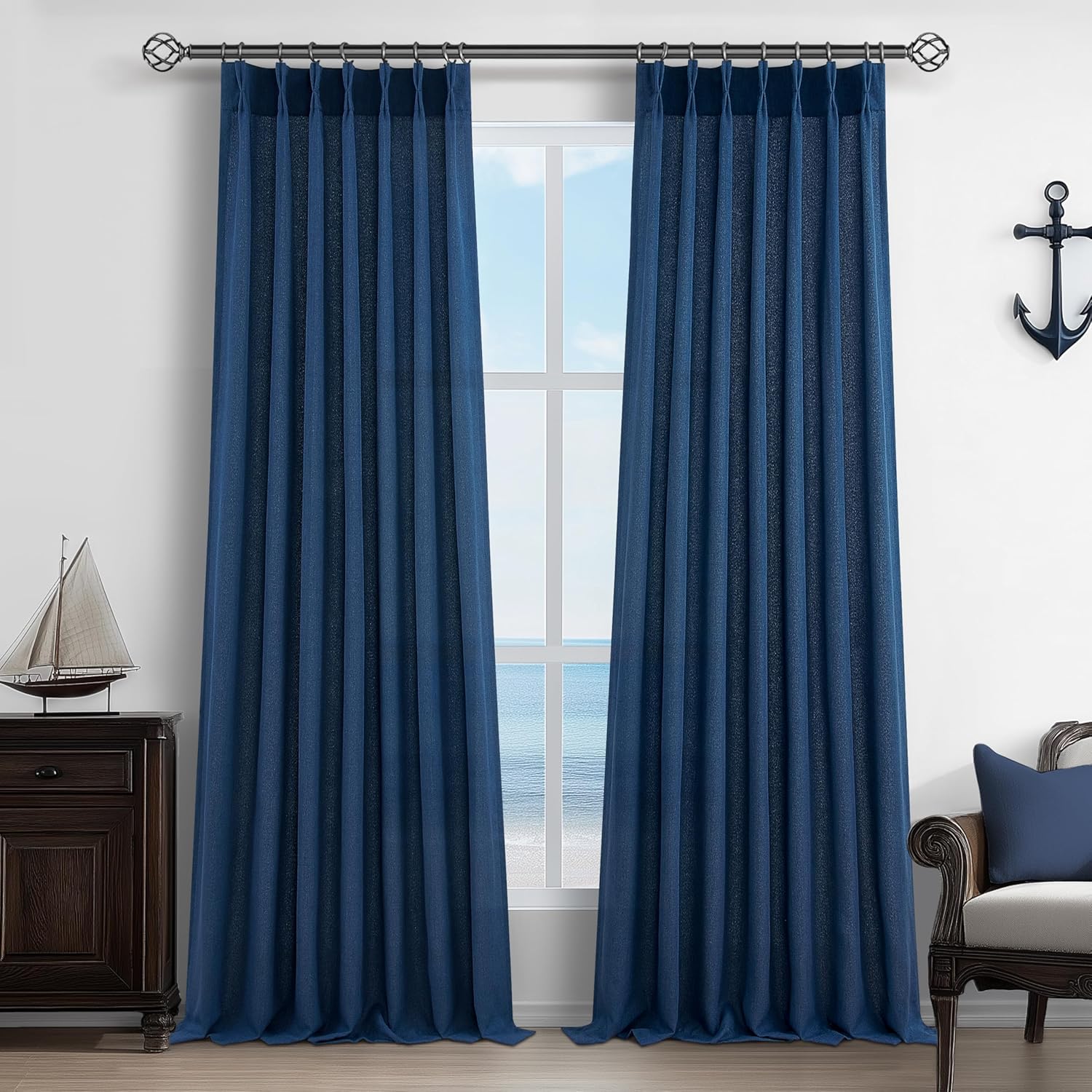 Pinch Pleated Linen Curtains 96 Inches Long for Living Room Bedroom, Light Filtering Boho Window Drape 96 inch 2 Panels Burgs with Hooks&Rings 8ft Cream Birch Sliding Glass Door Sheer Curtain Decor