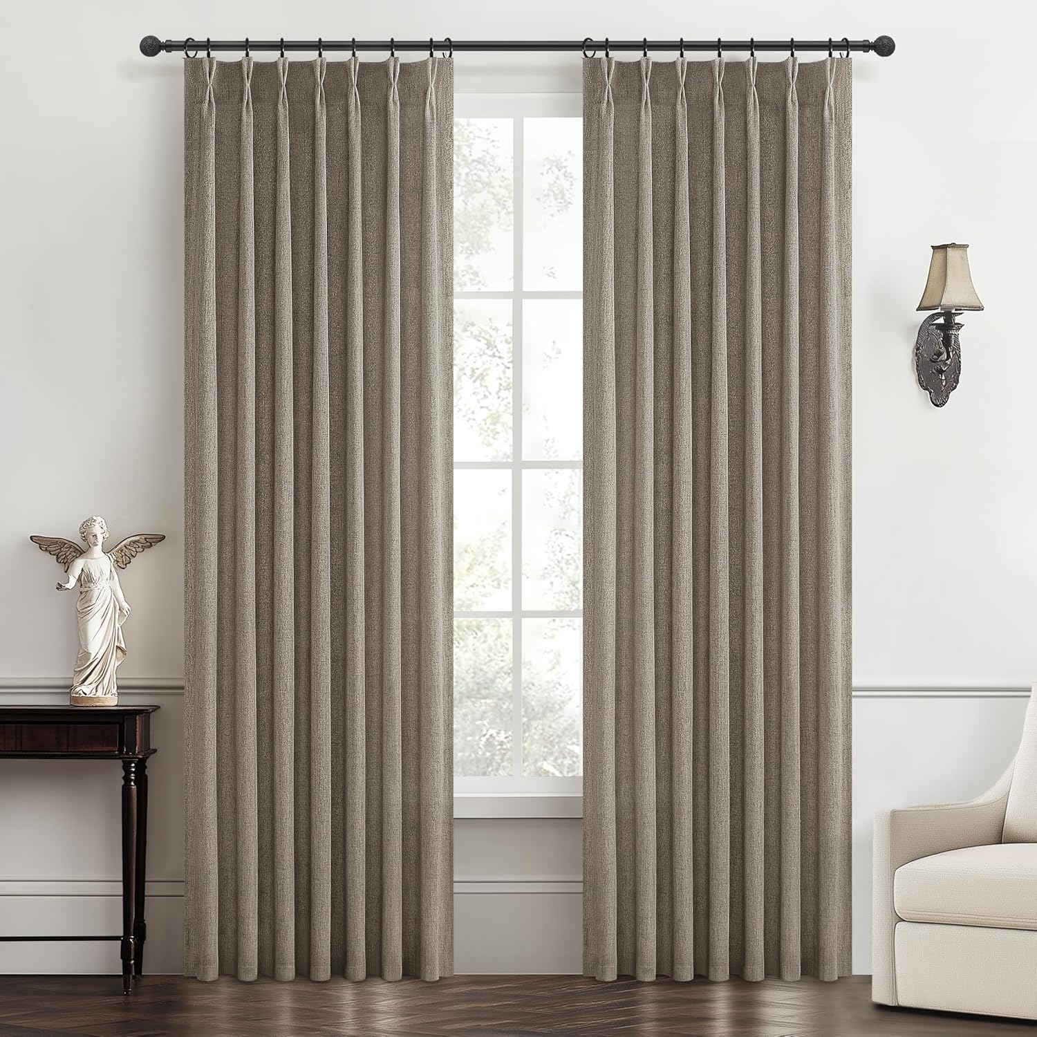 Pinch Pleated Linen Curtains 96 Inches Long for Living Room Bedroom, Light Filtering Boho Window Drape 96 inch 2 Panels Burgs with Hooks&Rings 8ft Cream Birch Sliding Glass Door Sheer Curtain Decor