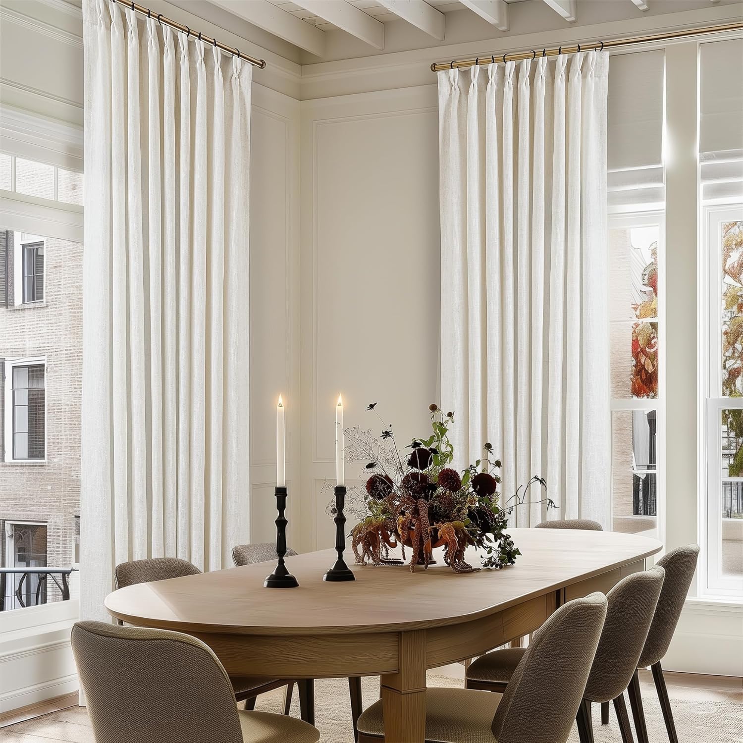 Natural Pinch Pleated Linen Curtains 84 Inch Length 2 Panels for Living Room Bedroom Textured Cream Ivory Birch Semi Sheer Boho Neutral Back Tab Pinch Pleat Hooks Rings Window Curtain 84 Inches Long