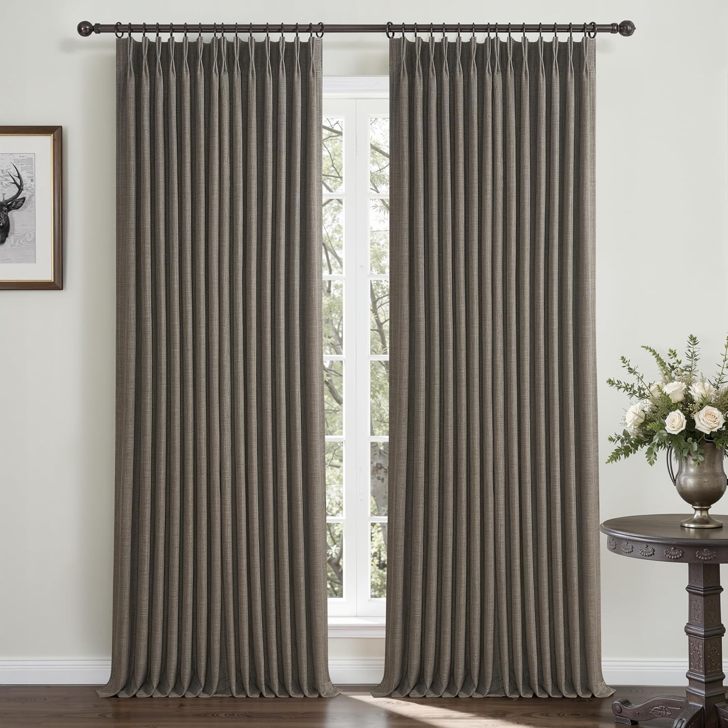 Beige White Blackout Floor to Ceiling Curtains 100 Inch Long for Sliding Door, Memory Trained Pinch Pleated Custom Double Layer Thick Linen Curtain Noise Reducing Light Blocking Bedroom Window Drapes