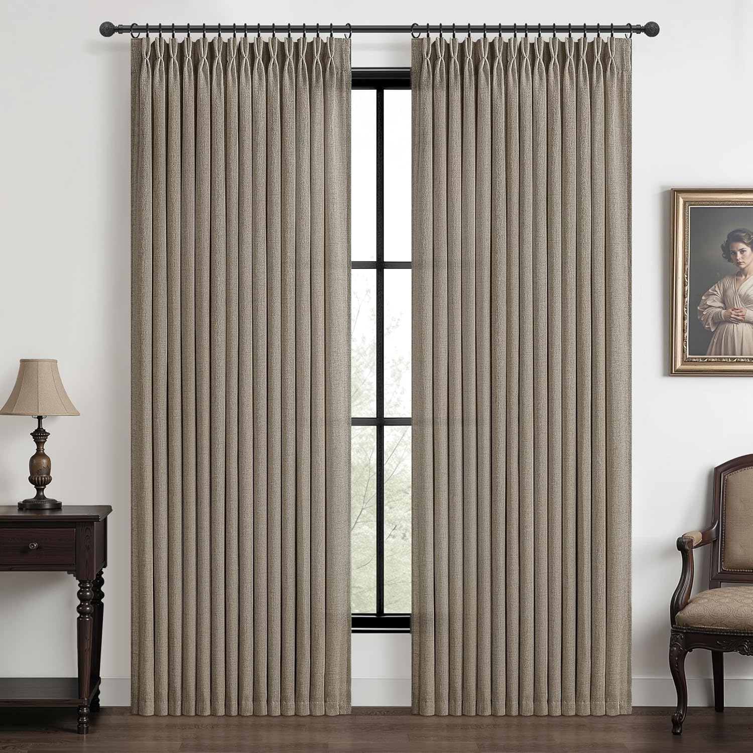Pinch Pleated Linen Curtains 96 Inches Long for Living Room Bedroom, Light Filtering Boho Window Drape 96 inch 2 Panels Burgs with Hooks&Rings 8ft Cream Birch Sliding Glass Door Sheer Curtain Decor