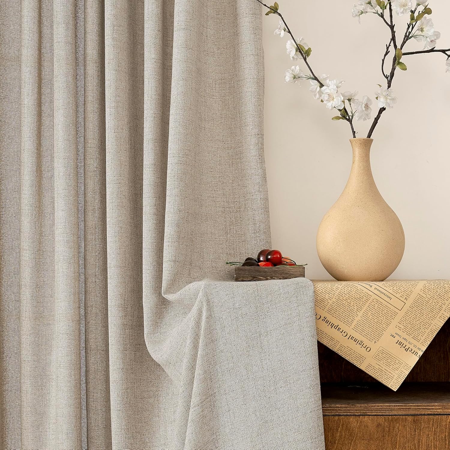 Ftinala Neutral Linen Semi Sheer Curtains 108 Inches Long, Cream Light Filtering Sliding Glass Door Curtains & Drapes, Modern Farmhouse Window Panel, Pinch Pleat Floor to Ceiling Curtain with Hook