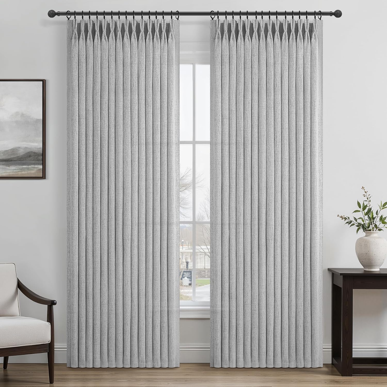 Pinch Pleated Linen Curtains 96 Inches Long for Living Room Bedroom, Light Filtering Boho Window Drape 96 inch 2 Panels Burgs with Hooks&Rings 8ft Cream Birch Sliding Glass Door Sheer Curtain Decor
